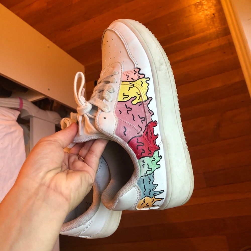 White sneakers with painted multi colored drips